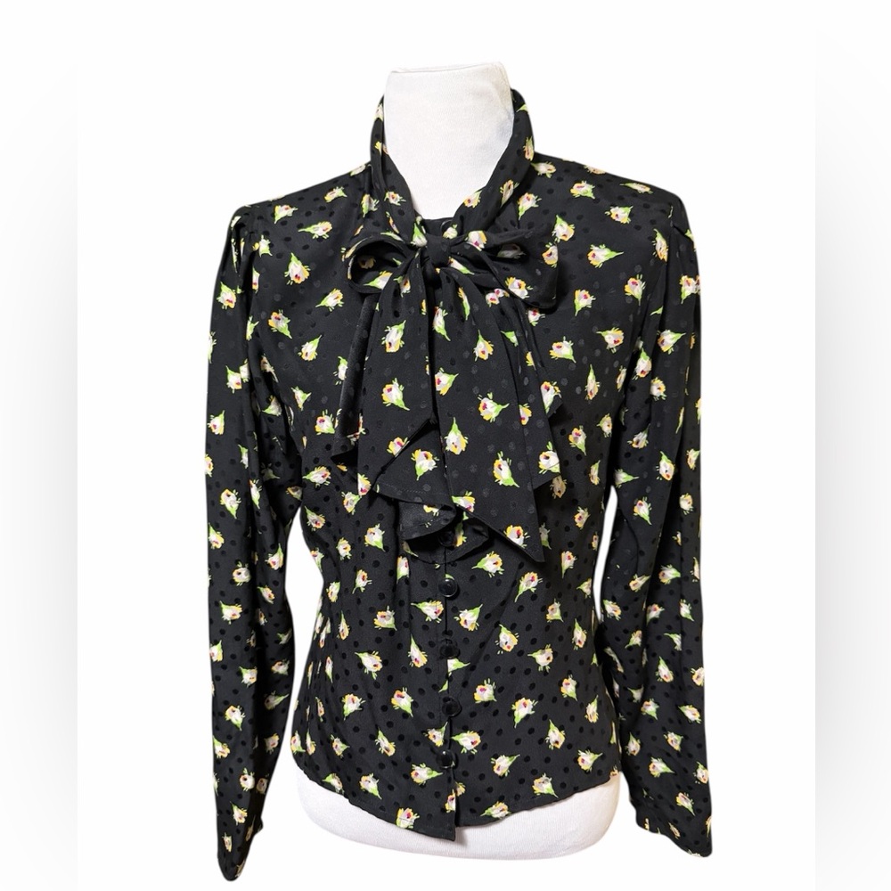 Vtg Ungaro Black Floral silk blouse with  cascade ruffles and neck tie 6 couture